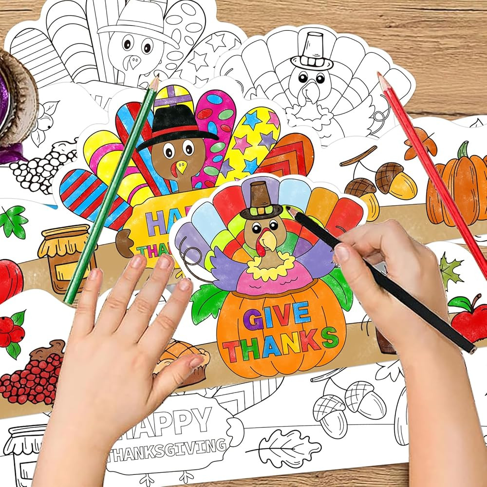 Thanksgiving Coloring Turkey Crowns Hats 24PCS Fall Thanksgiving Turkey Headbands Crafts for Kids | Amazon (US)