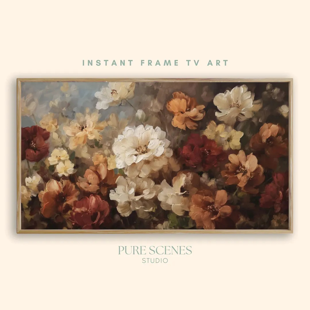 Fall Floral Frame TV Art Dark Moody Rustic Autumn Vintage Flowers Cottagecore Harvest Seasonal Ar... | Etsy (US)