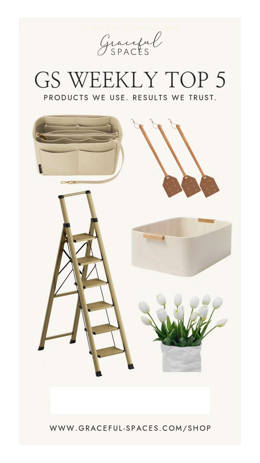So many favorites in this week's Top 5!  Faux Leather Bins from Target and tulips, 6-step ladder, our beloved purse organizer, and everyone's favorite leather fly swatter from Amazon. 

 #LTKHome