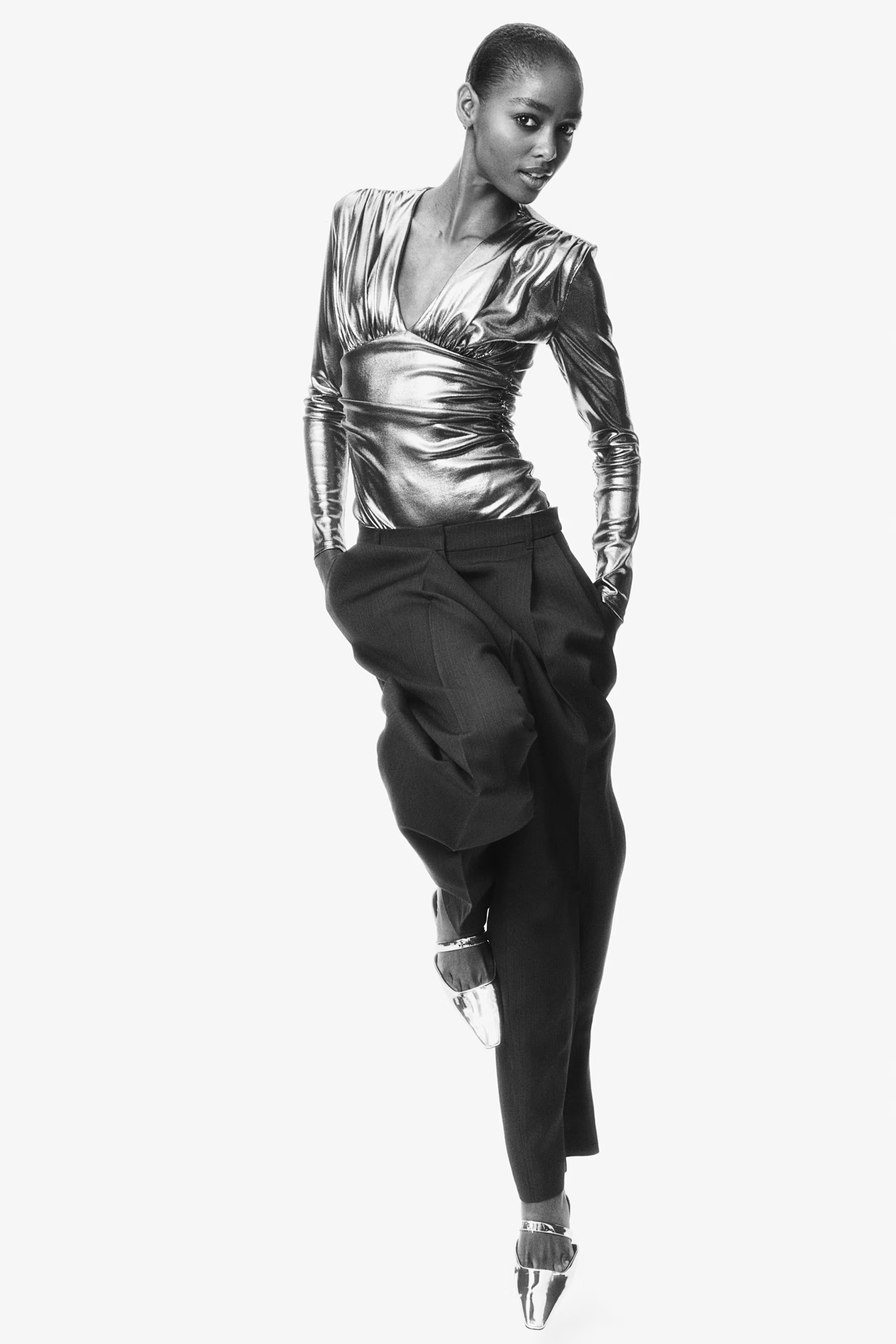 Draped V-Neck Thong Bodysuit - Silver-colored - Ladies | H&M US | H&M (US + CA)