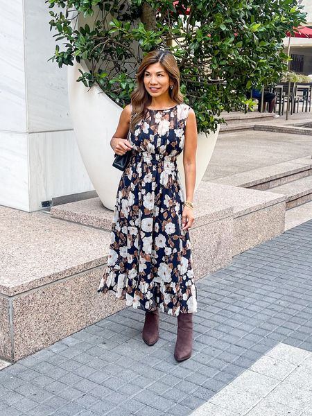 Dress in XS petite length, perfect for fall family photos or fall weddings. 
Boots fit tts. 
Blazer is linked that I actually carried and used in cold ac rooms during conference. #LTKCON

#LTKover40 #LTKsalealert #LTKstyletip