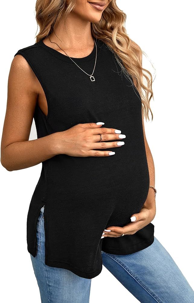 OYOANGLE Women's Maternity Casual Sleeveless Sleep Shirts Split Hem T-Shirt Pregnancy Tank Top | Amazon (US)