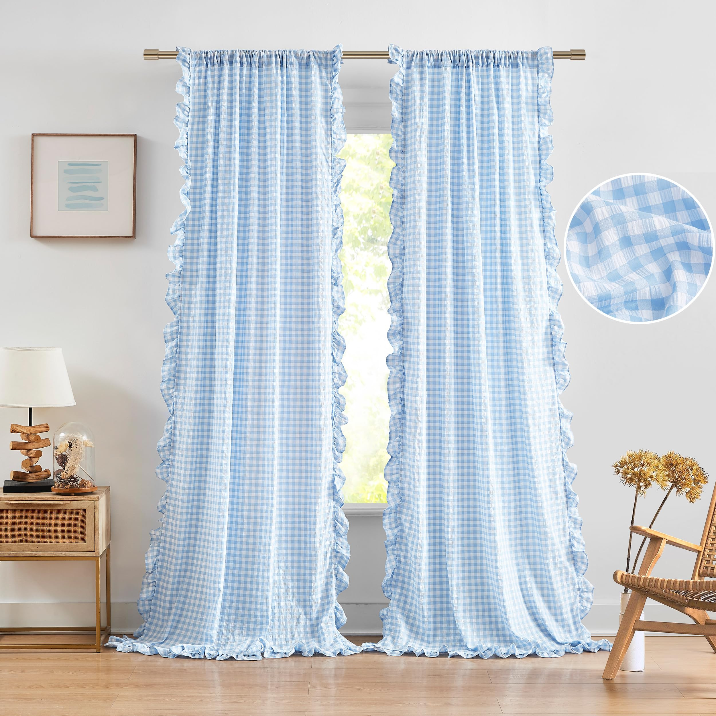 ZJDECOR Baby Blue Buffalo Plaid Ruffle Curtain Panels 95 Inches Length,Rustic Crinkled Not-See-Th... | Amazon (US)