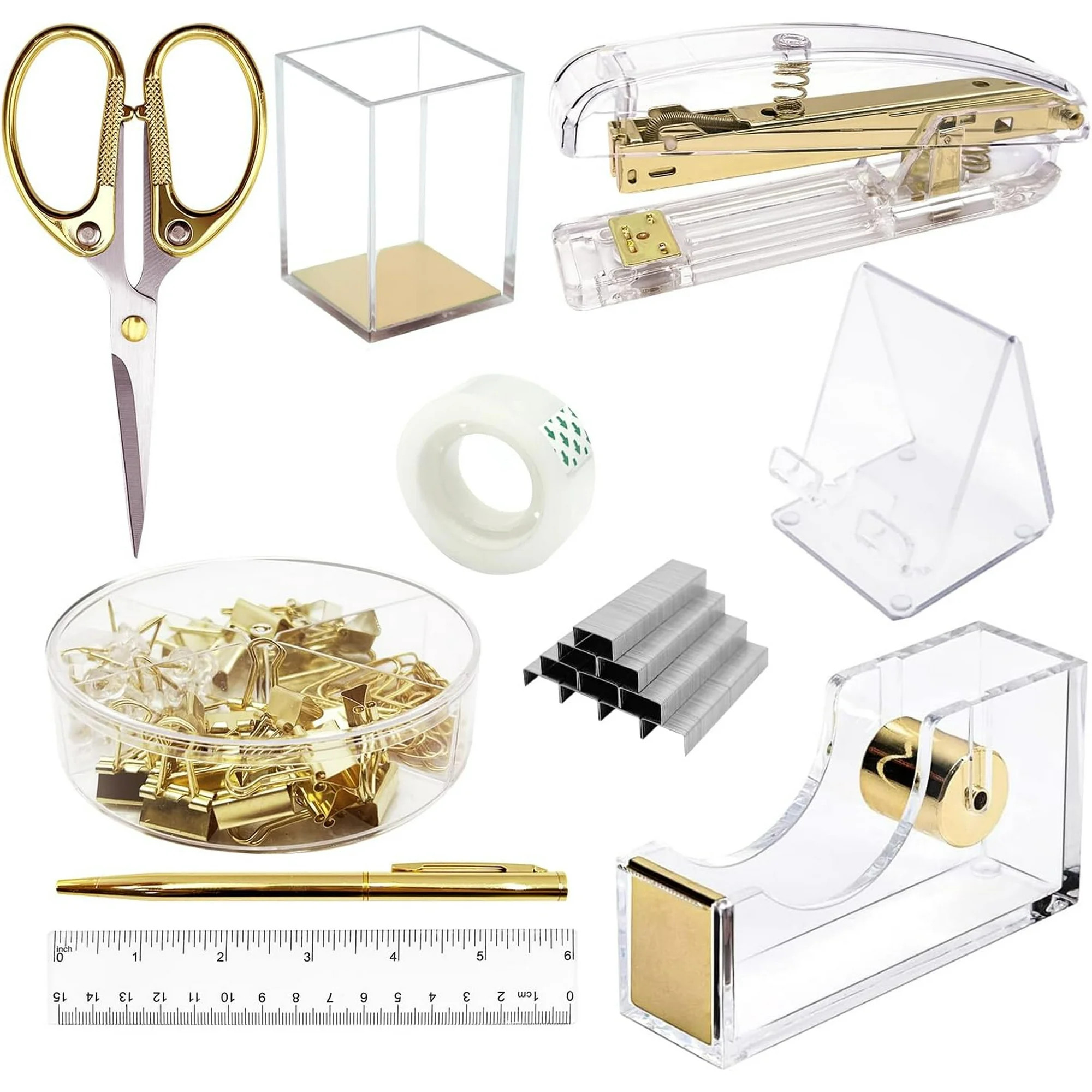 Gold Desk Organizers Set 10Pcs Office Supplies Stapler, Tape Dispenser, Pen Holder " "DRQ" Organi... | Walmart (US)