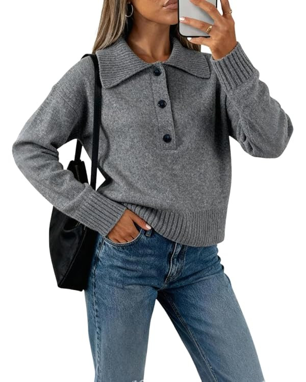 EsheSy Women's Polo Knit Sweater Pullover V Neck Lapel Collar Button Long Sleeve Casual Loose Rib... | Amazon (US)