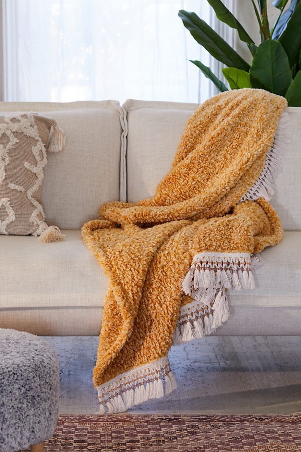 Amped Fleece Fringe Trim Throw Blanket | Urban Outfitters (US and RoW)
