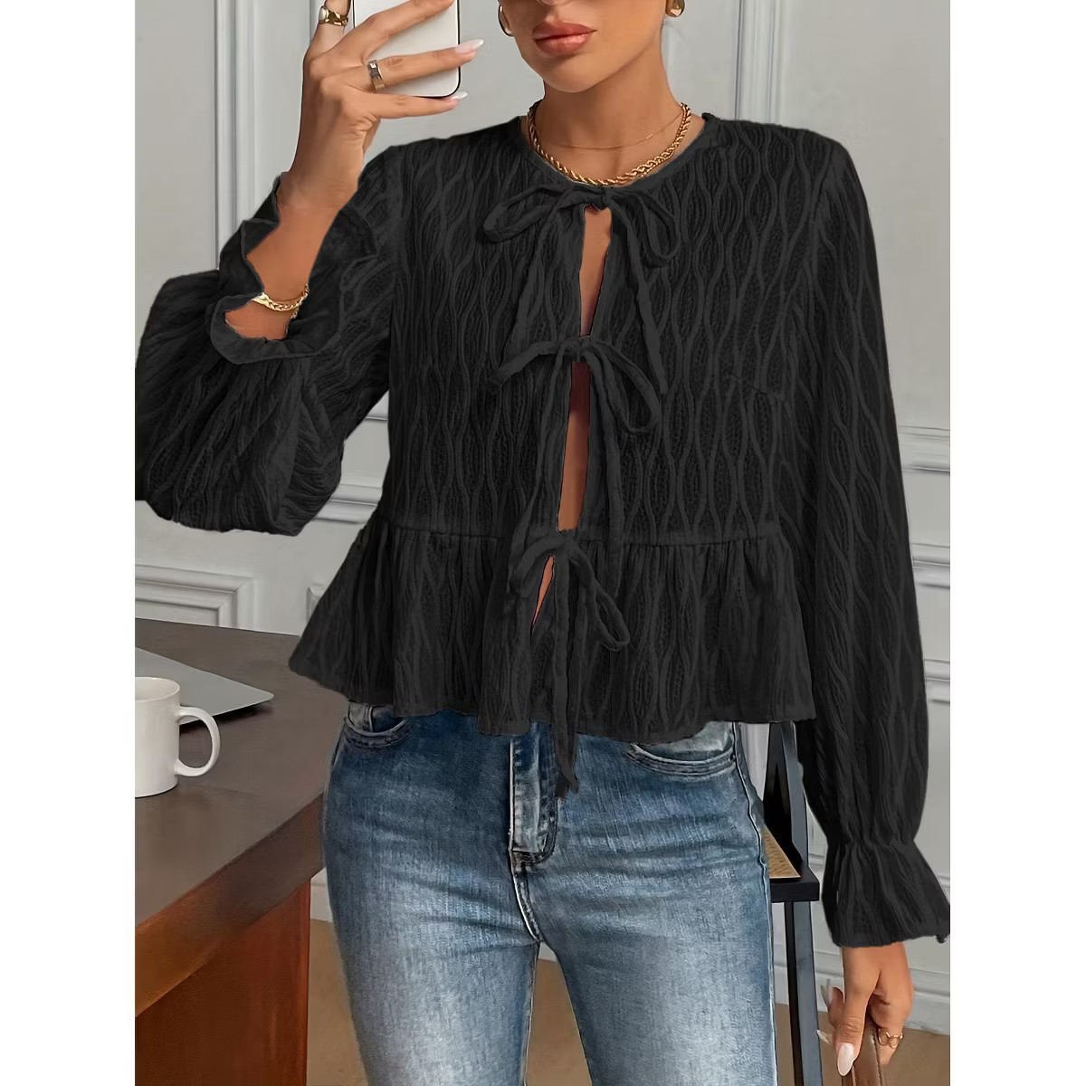 Women's Textured Long Sleeve Blouse Tie Front Ruffle Cuff Peplum Hem Casual Fashion Top | Target