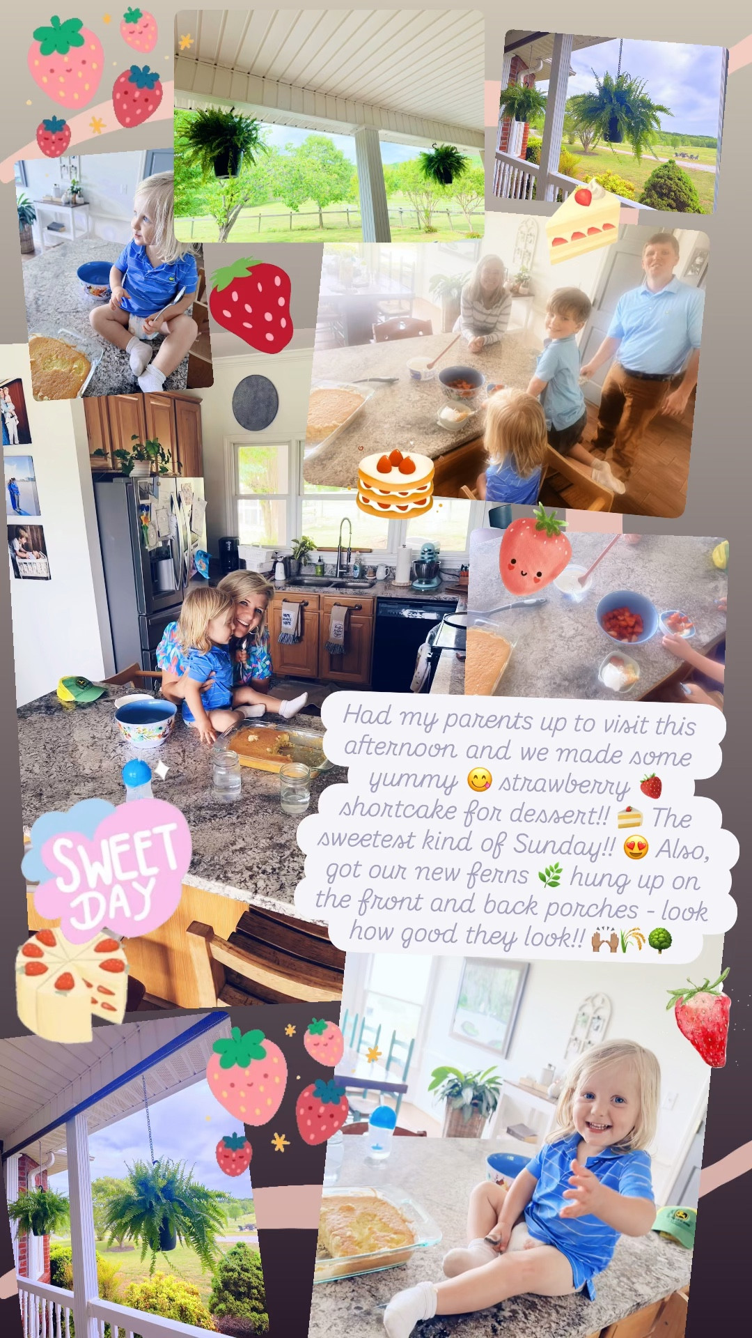 Had my parents up to visit this afternoon and we made some yummy 😋 strawberry 🍓 shortcake for dessert!! 🍰 The sweetest kind of Sunday!! 😍 Also, got our new ferns 🌿 hung up on the front and back porches - look how good they look!! 🙌🏽🌾🌳 