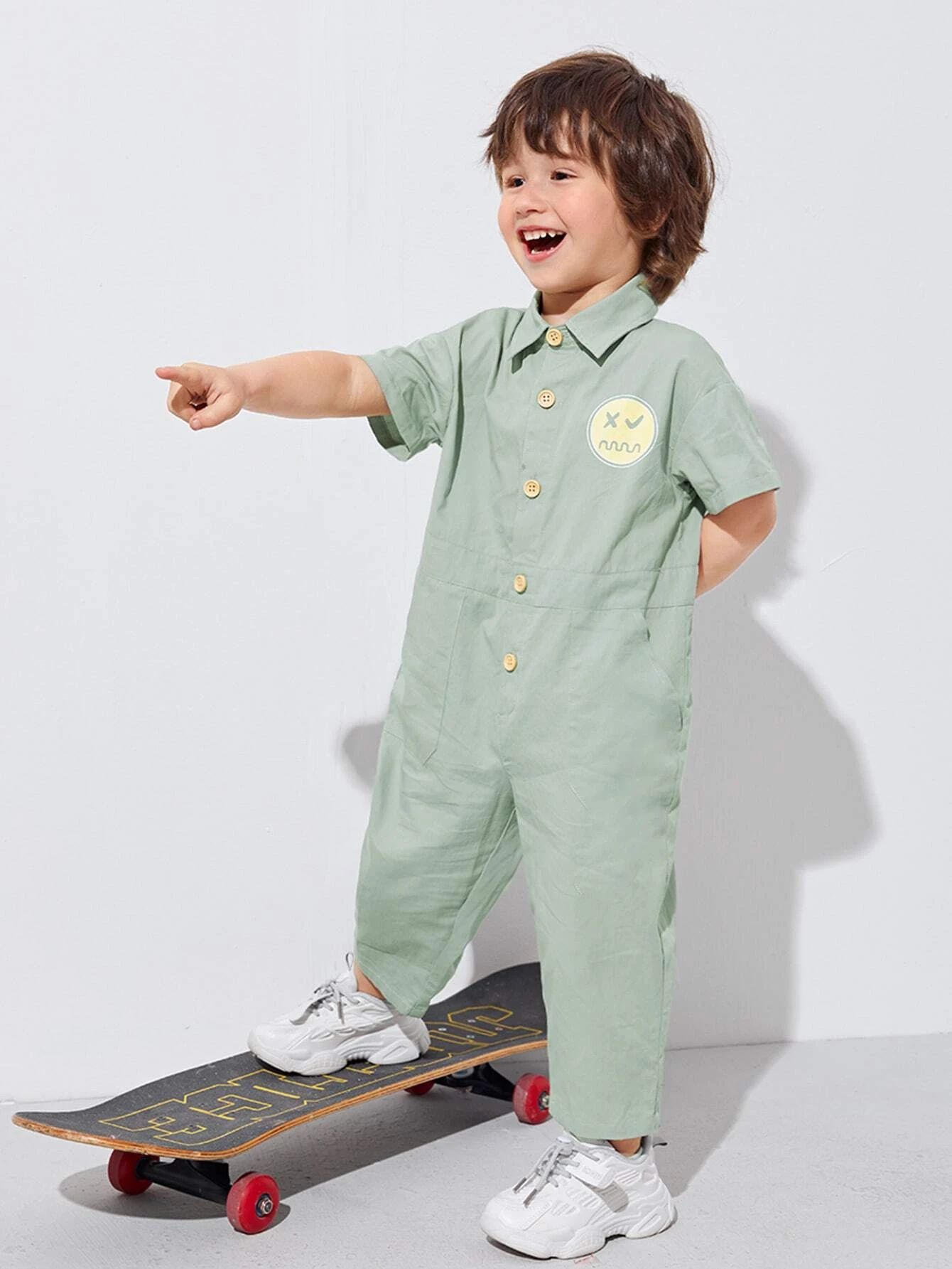 SHEIN Toddler Boys Cartoon Graphic Drop Shoulder Shirt Jumpsuit | SHEIN