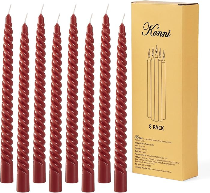 KONNI 0.87×10 Inch Dark Red Spiral Taper Candle, Unscented and Smokeless Tall Candlesticks, 8 Pa... | Amazon (US)