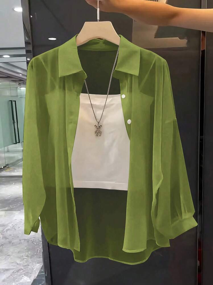 Franclia Basic Transparent Solid Color Minimalist Shirt With Turndown Collar Fall Cloth For Women | SHEIN