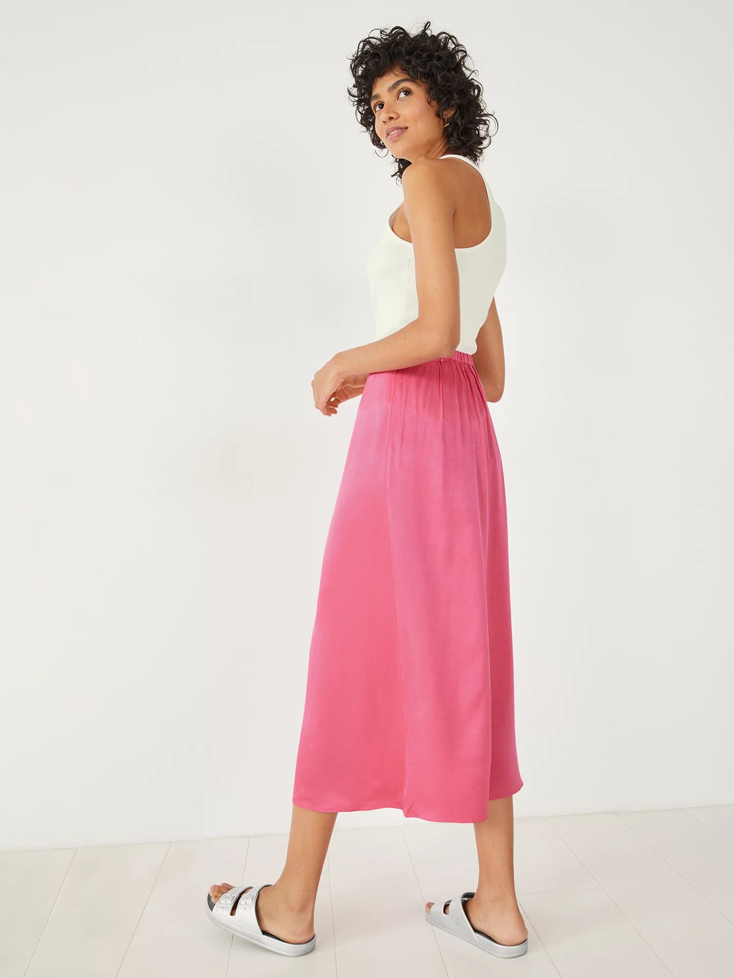 HUSH Marisa Midi Satin Skirt, Bright Pink | John Lewis (UK)