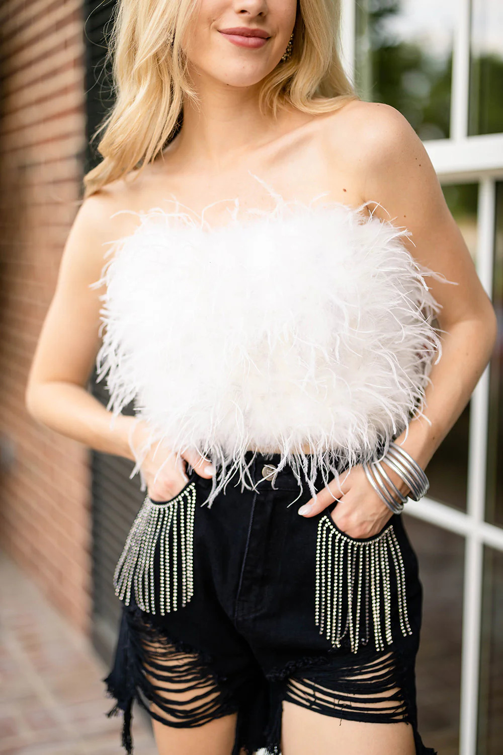 Fancy Strapless Feather Crop Top - White - S White | BuddyLove