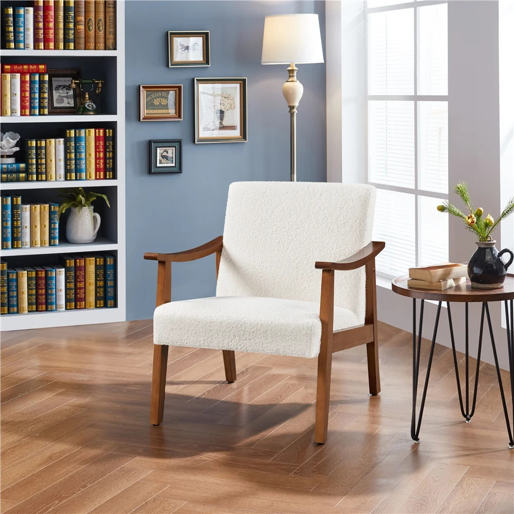 Alden Design Mid-Century Modern Accent Chair with Wooden Frame, Ivory Boucle Fabric | Walmart (US)