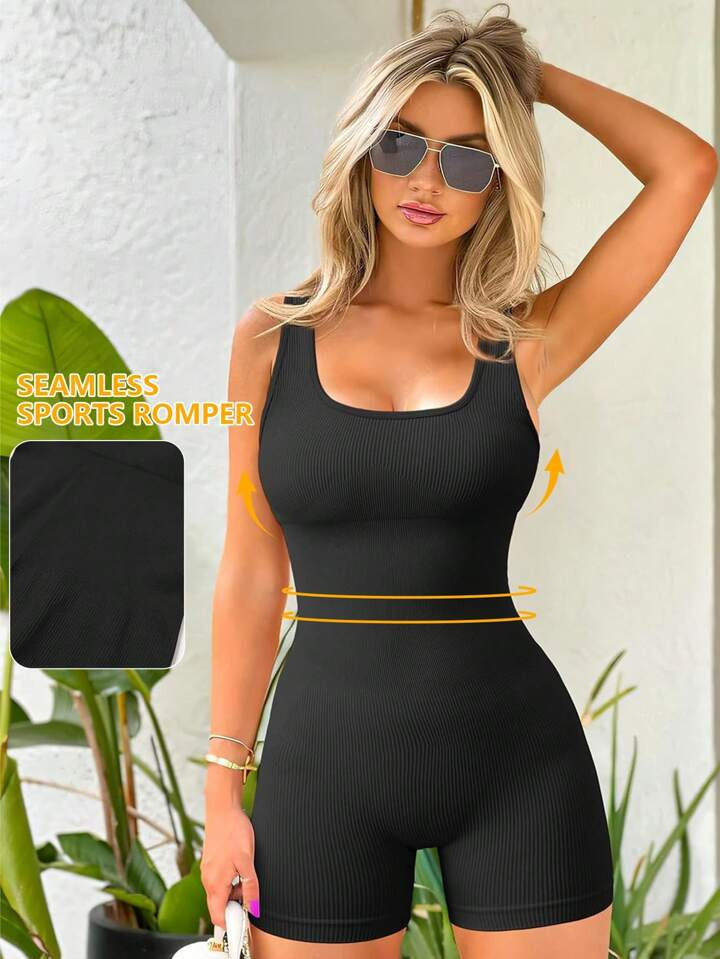 Yefecy Yoga Basic Solid Rib-Knit Seamless Sports Romper,Ribbed Solid Color Fashion Sports Jumpsut... | SHEIN