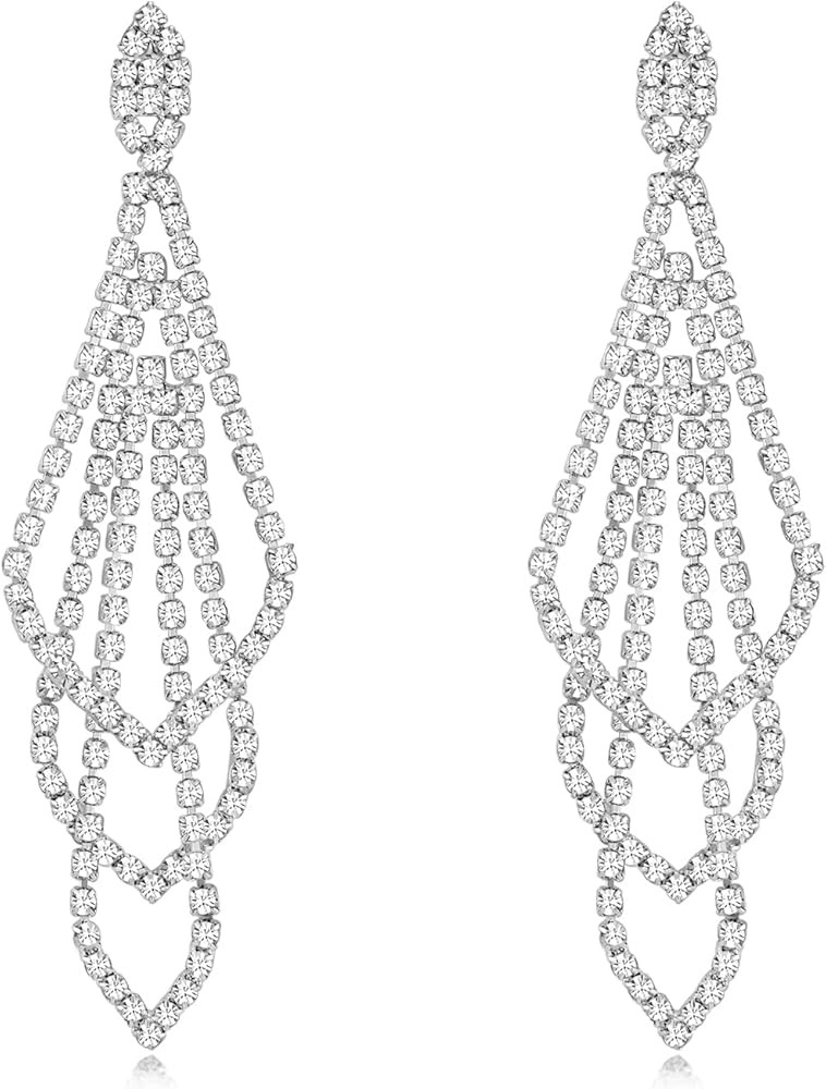 Silver Rhinestone Rectangle Dangle Earrings for Women Cubic Zirconia Crystal Dangle Earrings Long... | Amazon (US)