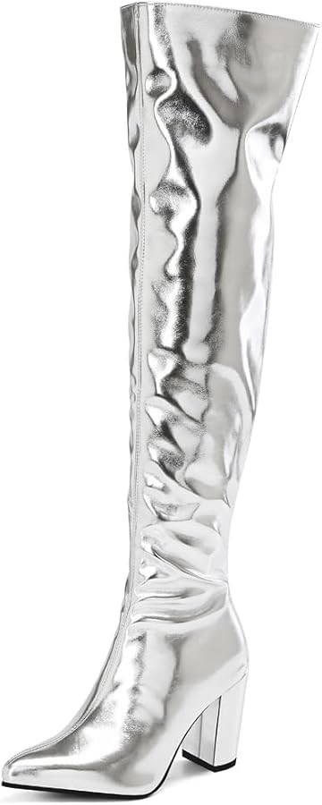 YIYA Women's Metallic Over the Knee High Boots Pointed Toe Chunky Mid Heel Thigh High Fashion Dre... | Amazon (US)