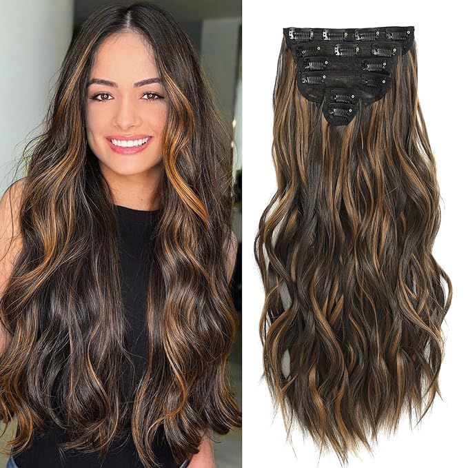 Fliace Highlight balayage dark brown Hairpieces, Natural & Blends Well Clip in Hair Extensions (2... | Amazon (US)