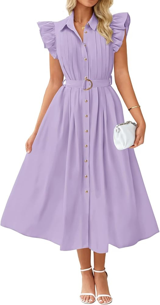 ZESICA Womens Summer Button Midi Dresses 2026 Flutter Short Sleeve Belted Business Casual Work Lo... | Amazon (US)