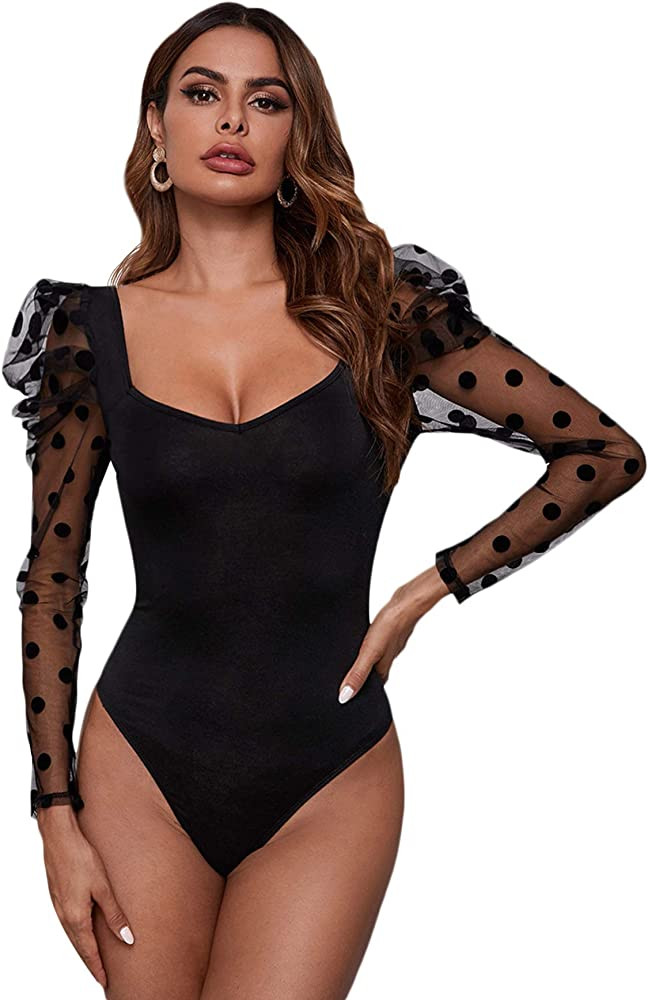 WDIRARA Women's Polka Dots Sheer Dobby Mesh Square Neck Long Sleeve Skinny Bodysuit | Amazon (US)