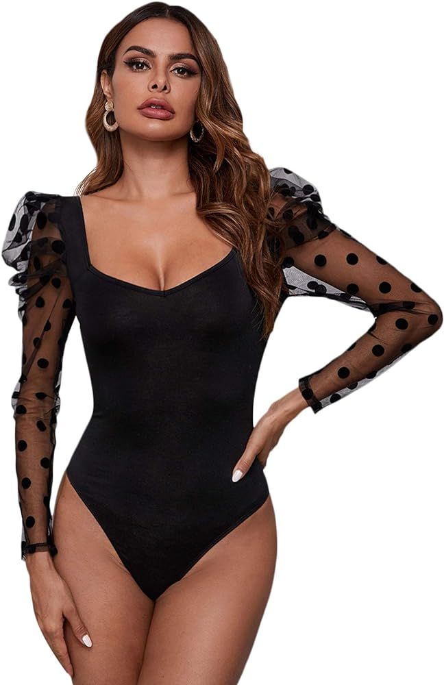 Women's Puff Sleeve Polka Dot Sheer Mesh Square Neck Bodysuit | Amazon (US)