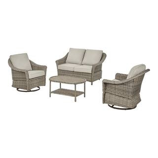 Hampton Bay Brooke Mill Brown 4-Piece Wicker Patio Conversation Set with CushionGuard Putty Tan C... | The Home Depot