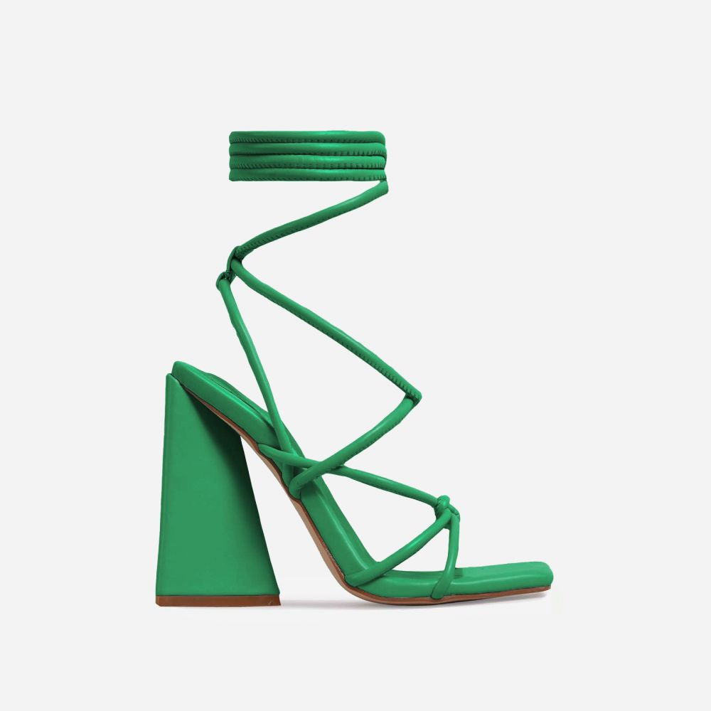 Date-Night Knotted Detail Lace Up Square Toe Sculptured Flared Block Heel In Bright Green Faux Le... | EGO Shoes (US & Canada)