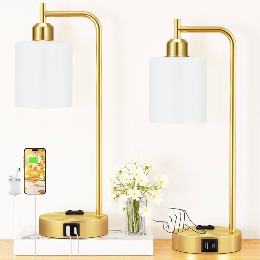 Innqoo Industrial Gold Table Lamps for Bedrooms Set of 2-3-Way Dimmable Desk Lamp with USB C+A Po... | Amazon (US)