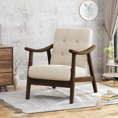 PAGED Tufted Accent Chair Comfy Living Room Chairs Mid-Century Modern Armchair with Bent-Wood Arms for Living Room, Study, Beige | Target