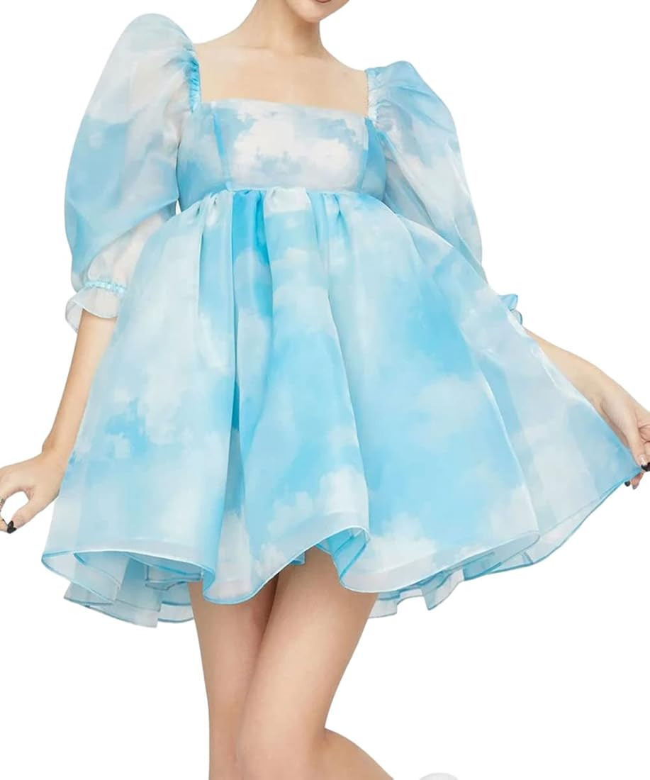 Women Puff Sleeve Tulle Princess Dress Square Neck Flowy Ruffle Mesh Dress for Party Prom Mini Fa... | Amazon (US)