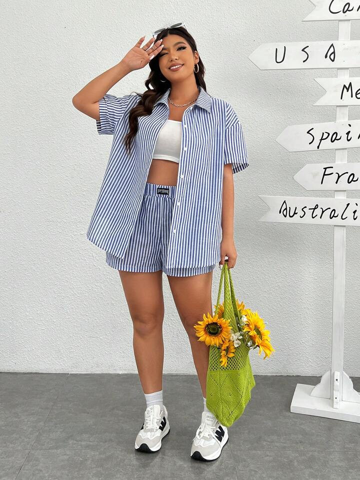SHEIN EZwear Plus Size Woven Blue & White Striped Casual Shirt And Shorts Set | SHEIN