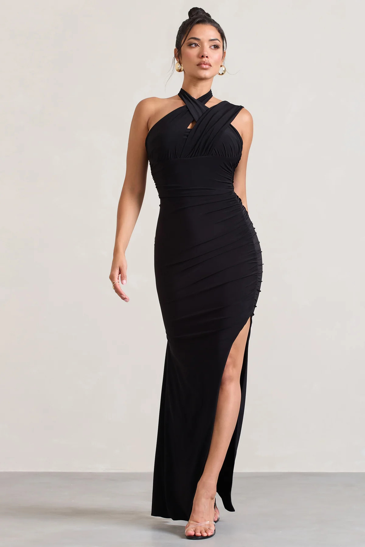 Ignite | Black Strappy Halter-Neck Asymmetric Maxi Dress | Club L London