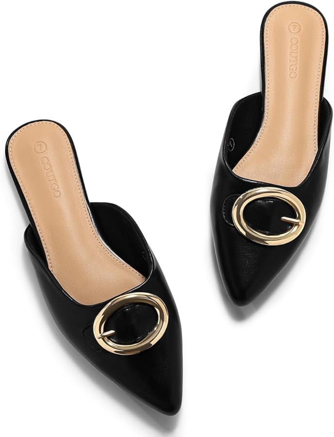 Coutgo Womens Mules Flats Metal Closed Pointed Toe Slip On Slides Summer Dress Shoes | Amazon (US)