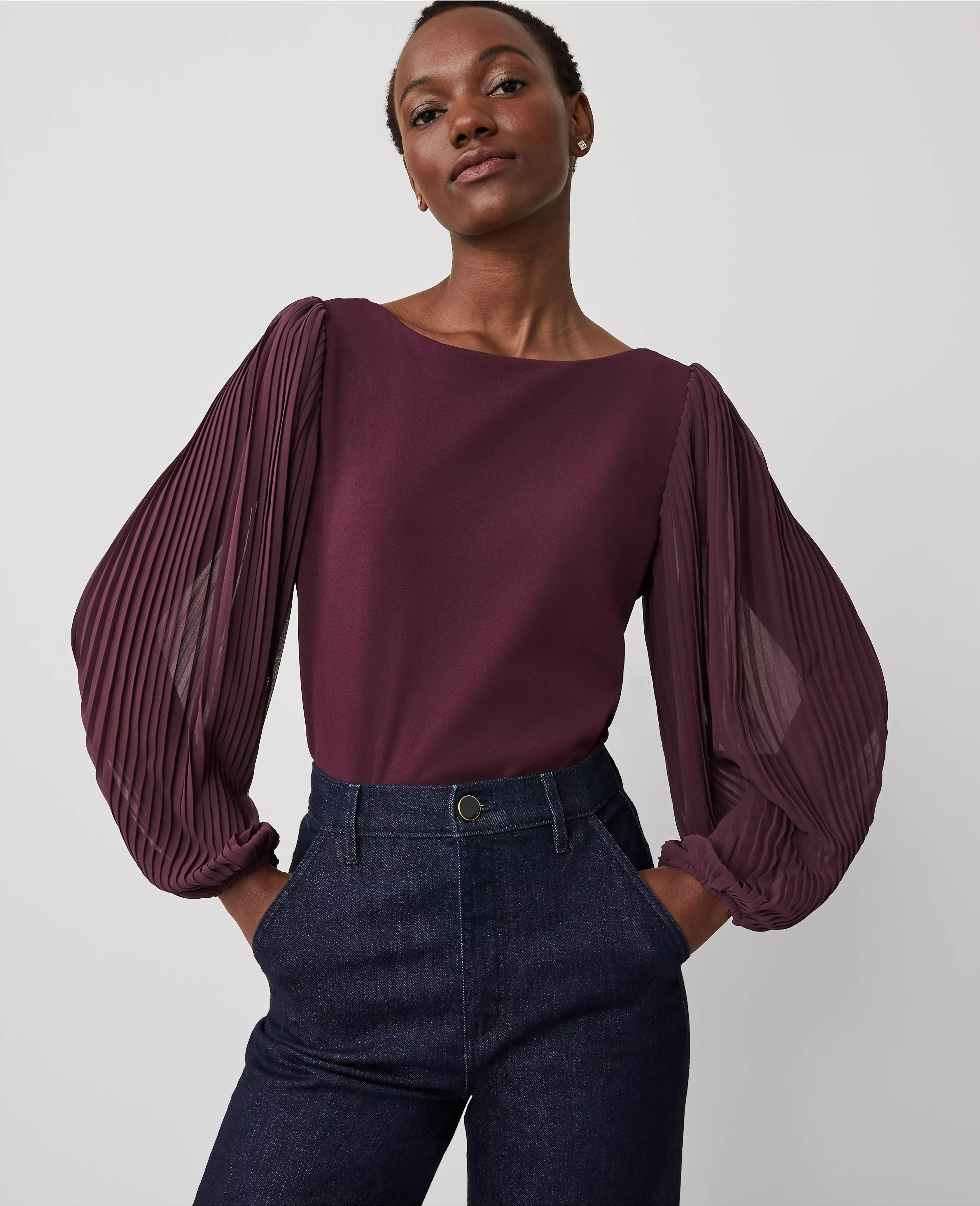 Petite Mixed Media Pleated Sleeve Top | Ann Taylor (US)