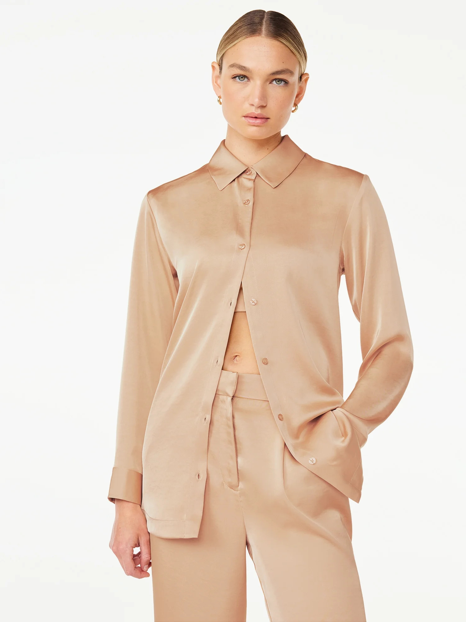 Scoop Women’s Long Sleeve Oversized Satin Button Down Shirt, Sizes XS-XXL - Walmart.com | Walmart (US)