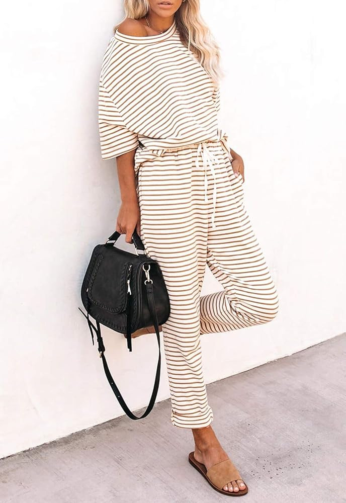 MITILLY Women's Striped 2 Piece Outfits Crewneck Pullover Tops and Long Pants Sweatsuit Loungewear S | Amazon (US)