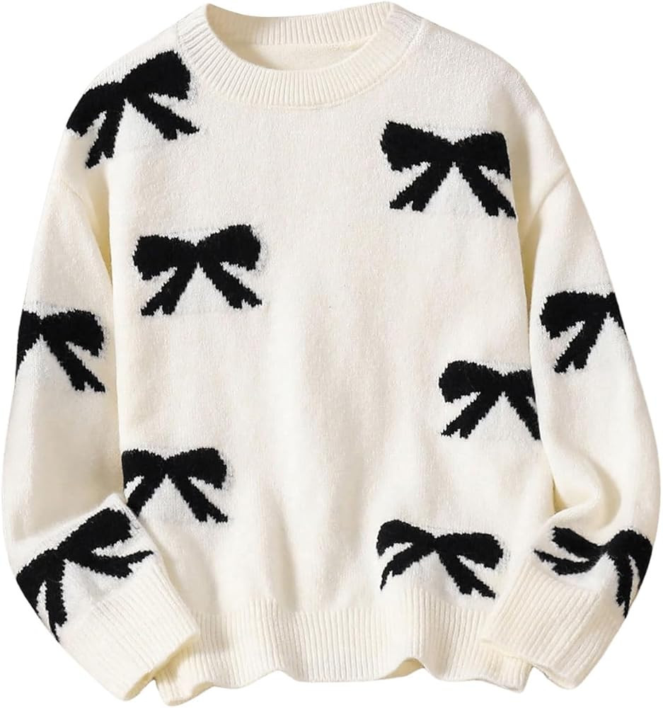 Girl's Cute Bow Sweater Crew Neck Long Sleeve Drop Shoulder Loose Pullover Tops | Amazon (US)