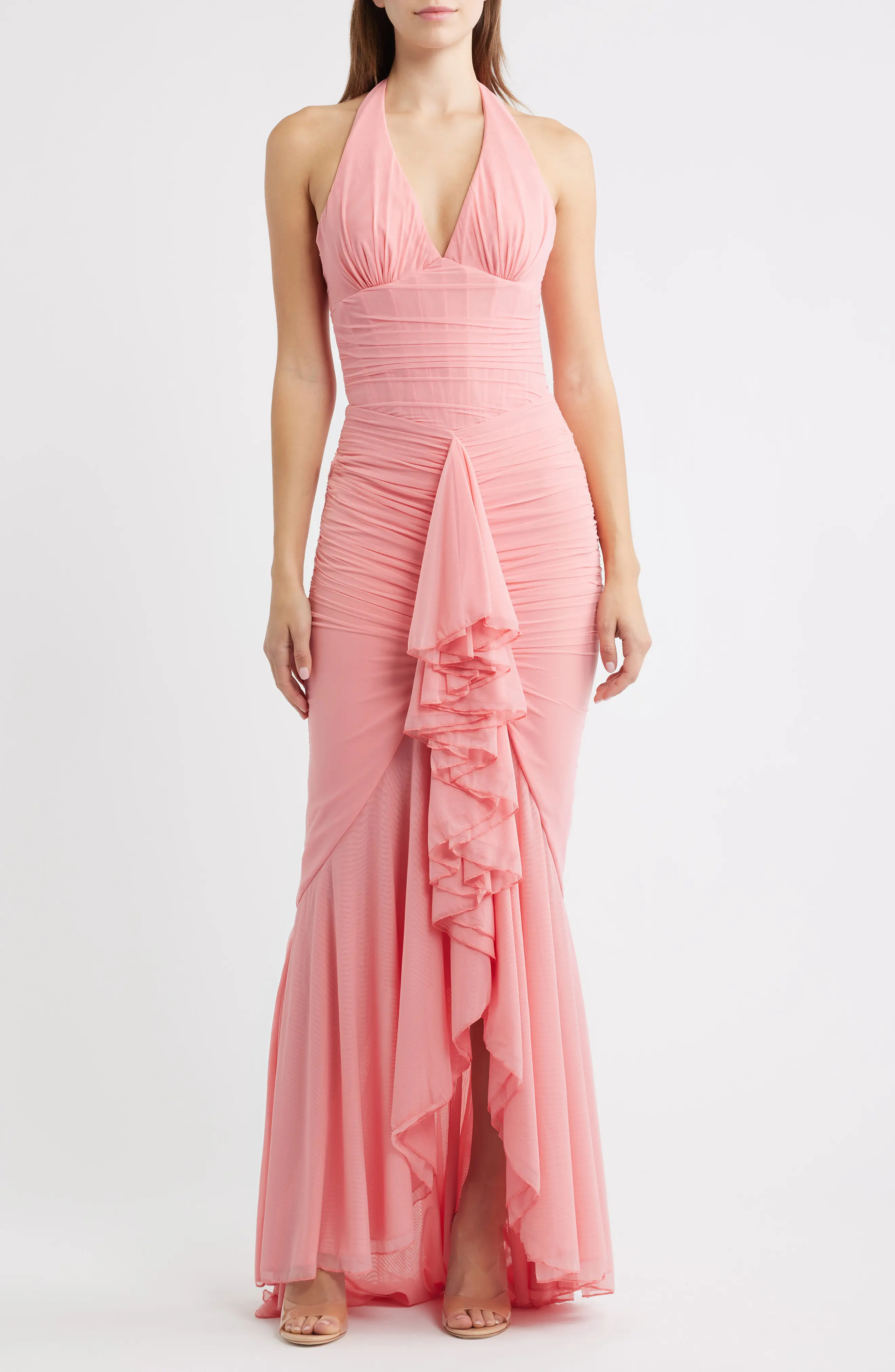 Carmine Mesh Halter Neck Waterfall Gown (Women) | Nordstrom | Nordstrom