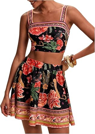 Floerns Women's Two Piece Outfit Tropical Crop Cami Top and Summer Skirts Set | Amazon (US)