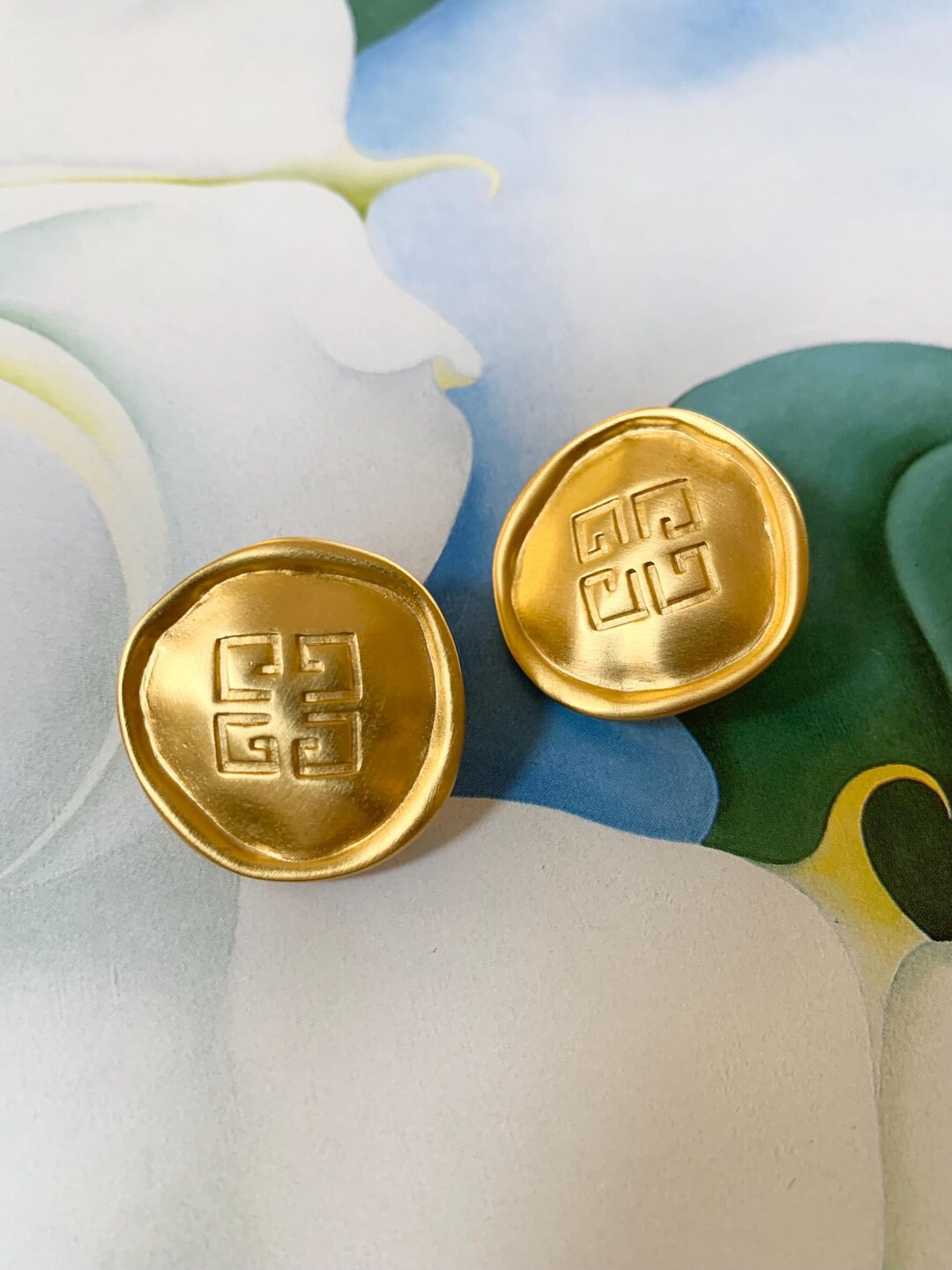 Vintage Givenchy Logo Clip on Earrings Round Modernist Shape in Buttery Gold Tone Statement Earri... | Etsy (US)