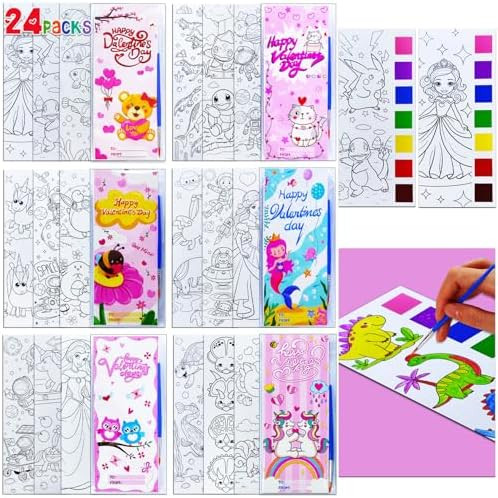 JUNQIU 24 Pack Valentines Day Cards For Kids School, Watercolor Coloring Book Set, Valentines Day... | Amazon (US)