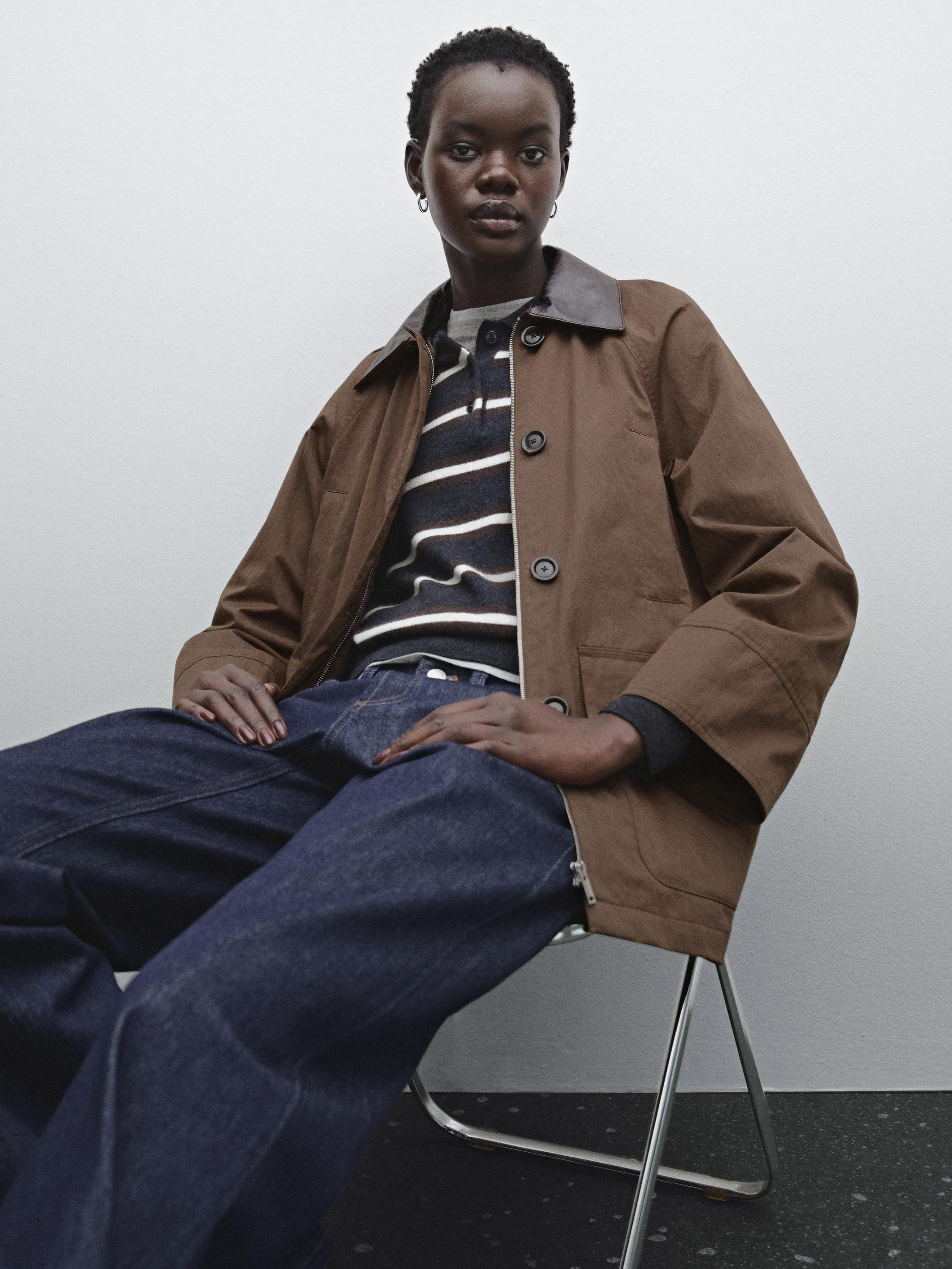 Cotton blend parka with detachable leather detail | Massimo Dutti UK