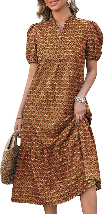 Wenrine Womens Summer Floral Maxi Dress Casual V Neck Puff Short Sleeve Button Flowy Beach Boho L... | Amazon (US)