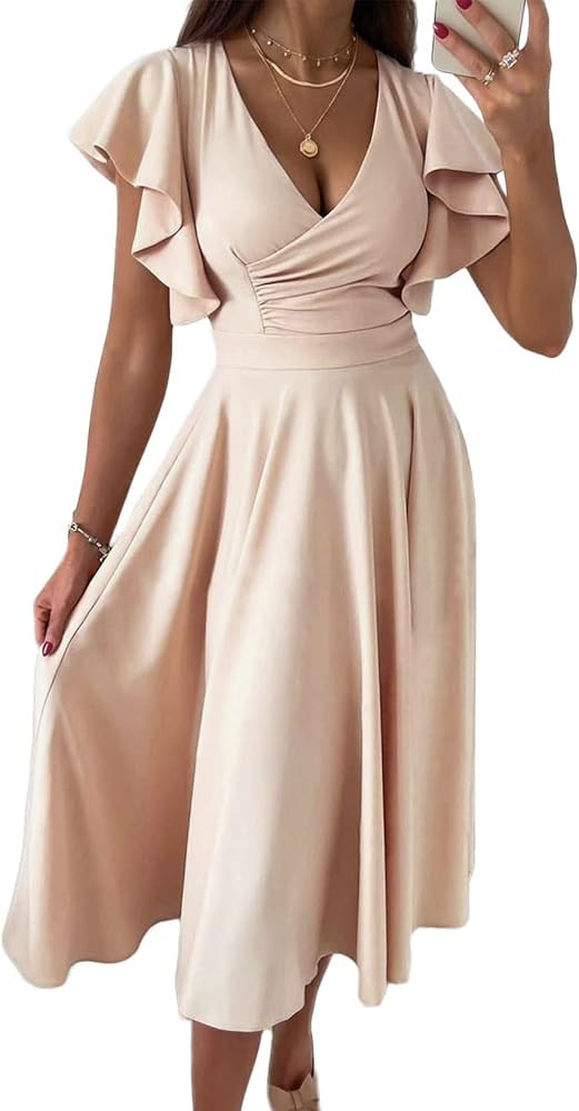 Asvivid Wedding Guest Dresses for Women 2023 Summer V Neck Midi Rehearsal Dinner Long Dress | Amazon (US)