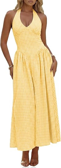 Wenrine Womens Halter V Neck Corset Maxi Dresses Summer Plaid Smocked Tie Back Backless Wedding G... | Amazon (US)