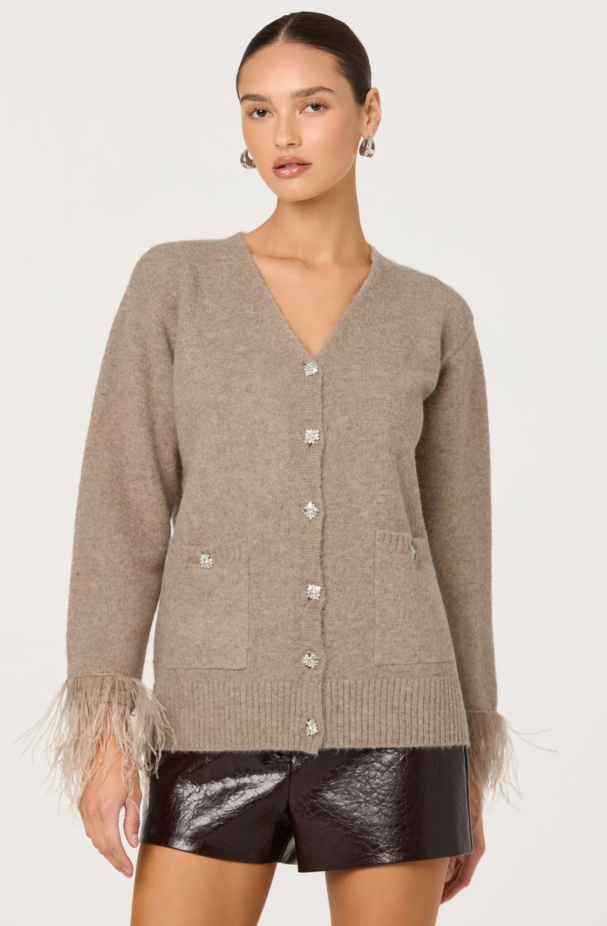 Grie Embellished Feather Trim Cardigan - Taupe / XS | ASTR The Label (US)