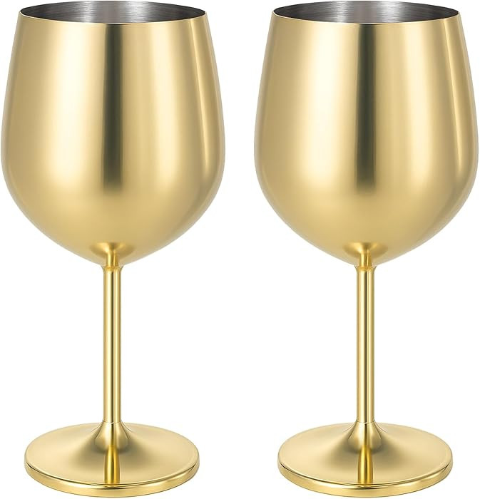 2 Pack 18 oz Unbreakable Gold Wine Glasses, Elegant Portable Stemmed Metal Wine Glass Stainless S... | Amazon (US)