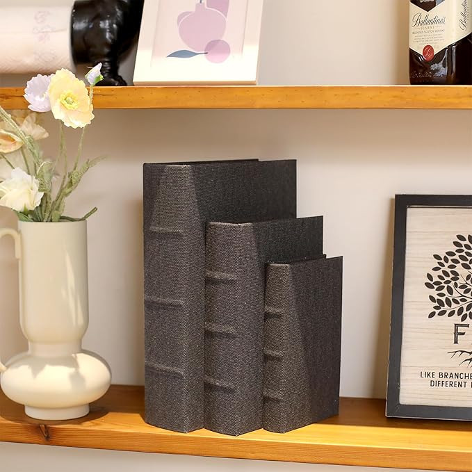Modern Linen and Wood Decorative Faux Book Boxes Set of 3-13",10",8" - Black | Amazon (US)