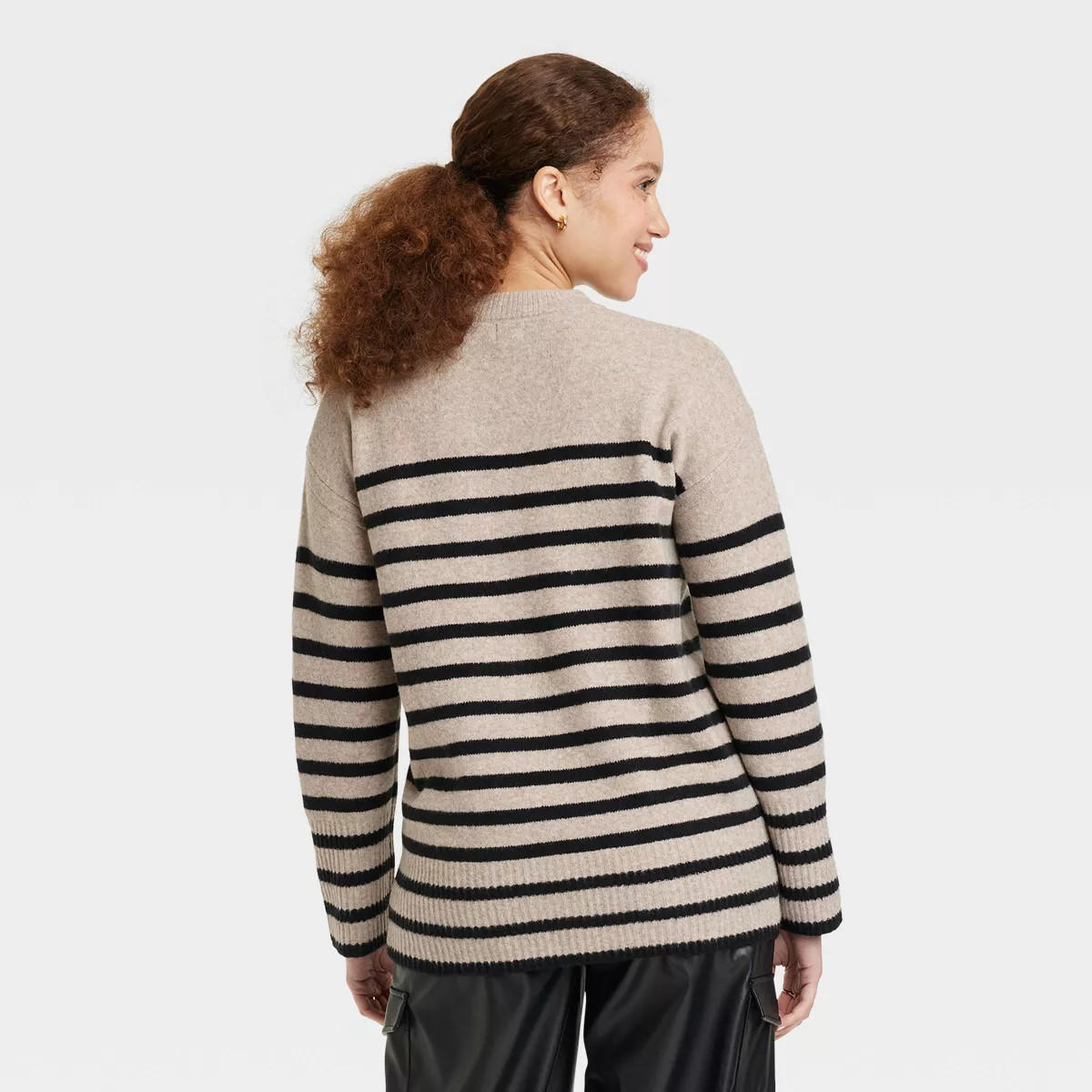 Women's Crewneck Tunic Pullover Sweater - A New Day™ Cream/Black Striped XS | Target
