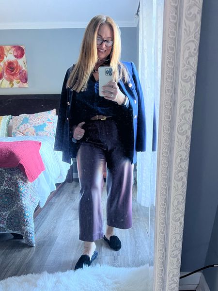 Workday daires, cropped faux leather and a structured double breasted blazer. Wearing my favorite velvet mules.

#LTKworkwear #LTKstyletip #LTKmidsize